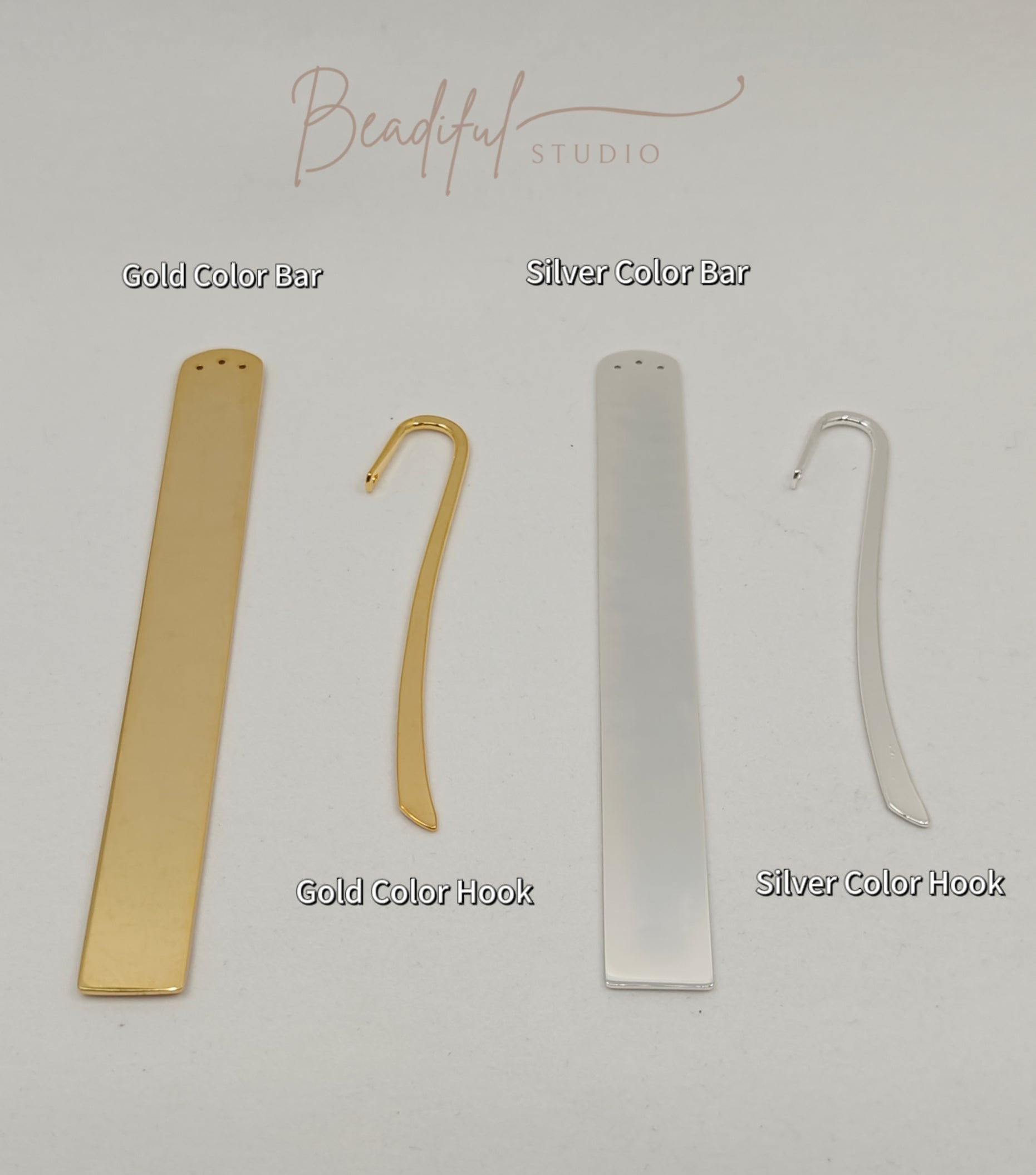 Image shows different bookmark body options. Customers have color and bookmark shapes options. You can pick between gold or silver, and a bar or hook shape.