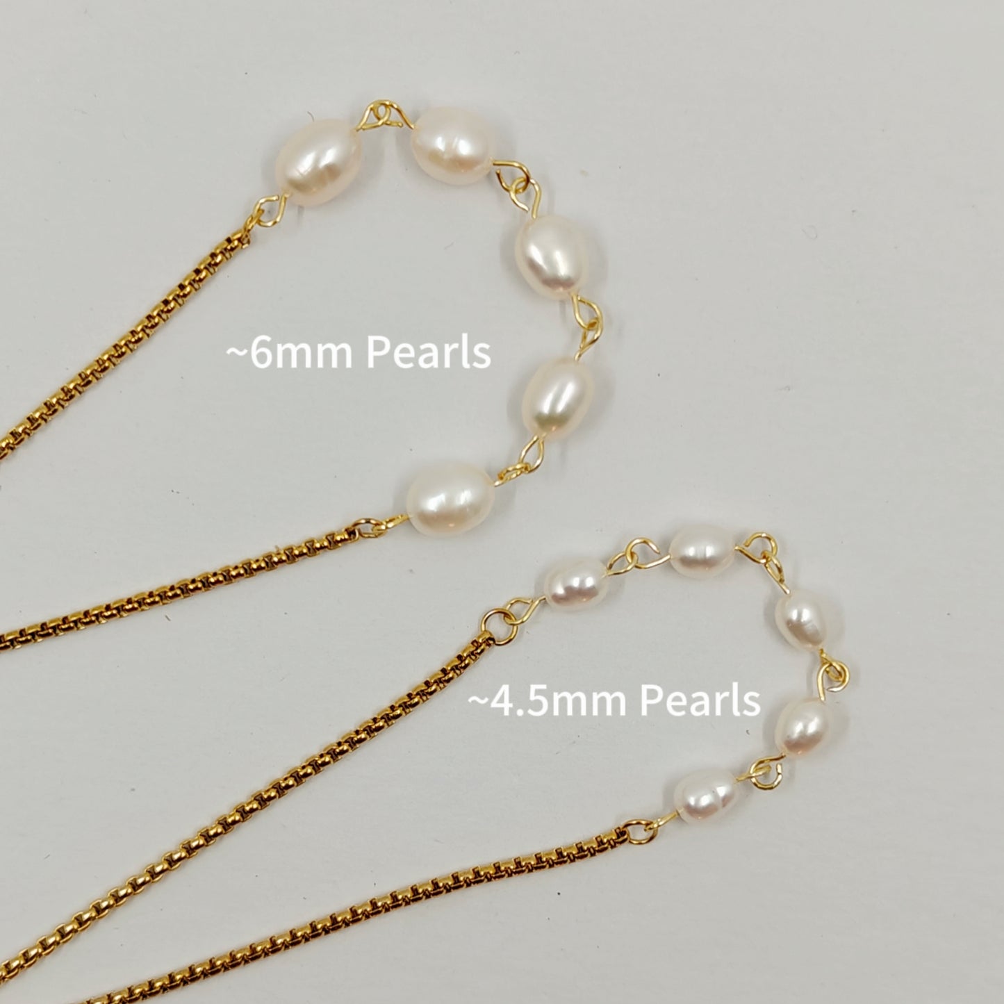 Picture comparing two gold color pearl bracelets made with two different pearl sizes, including 6mm and 4.5mm.